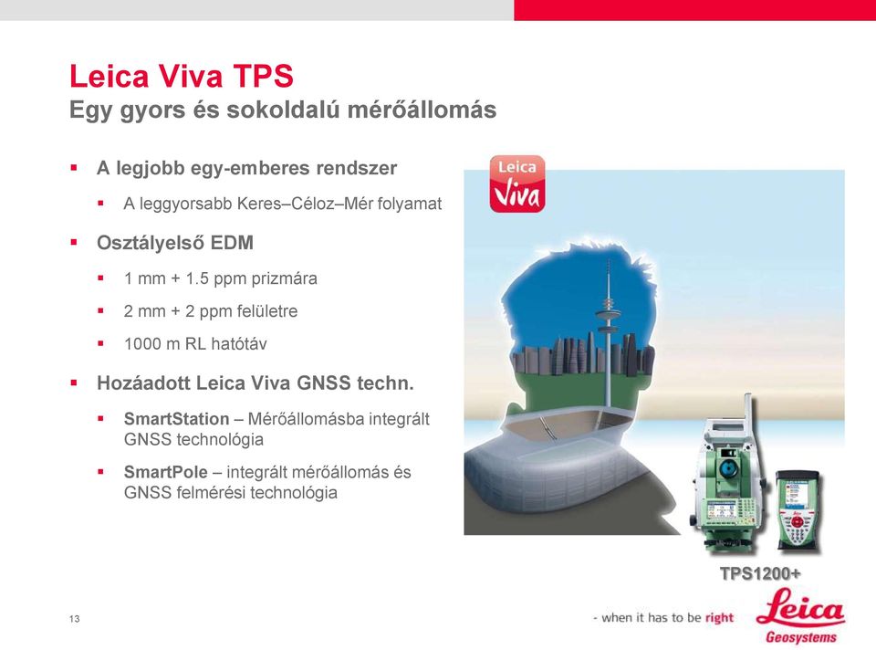 5 ppm prizmára 2 mm + 2 ppm felületre 1000 m RL hatótáv Hozáadott Leica Viva GNSS techn.