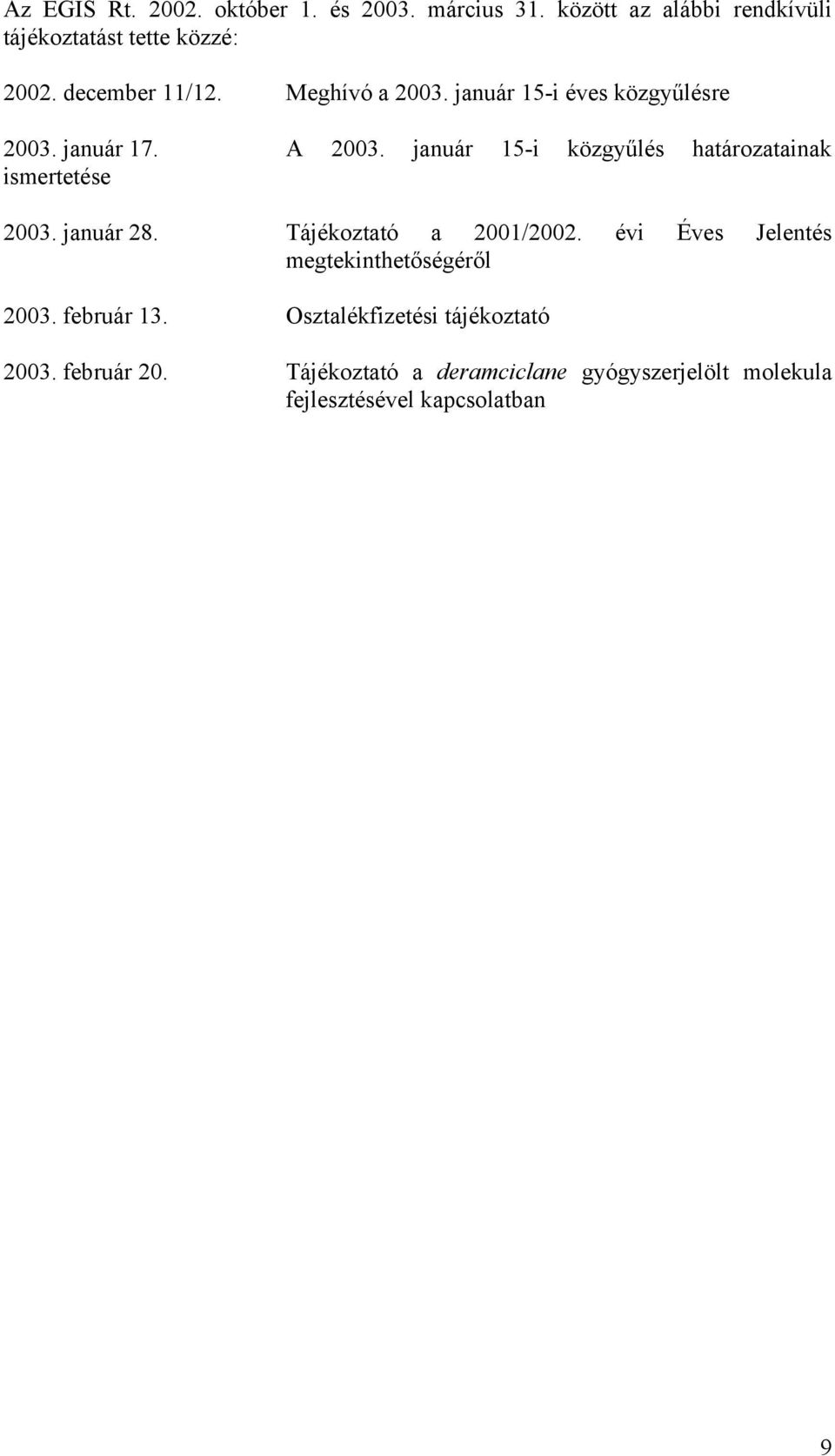január 15-i közgyűlés határozatainak ismertetése 2003. január 28. Tájékoztató a 2001/2002.