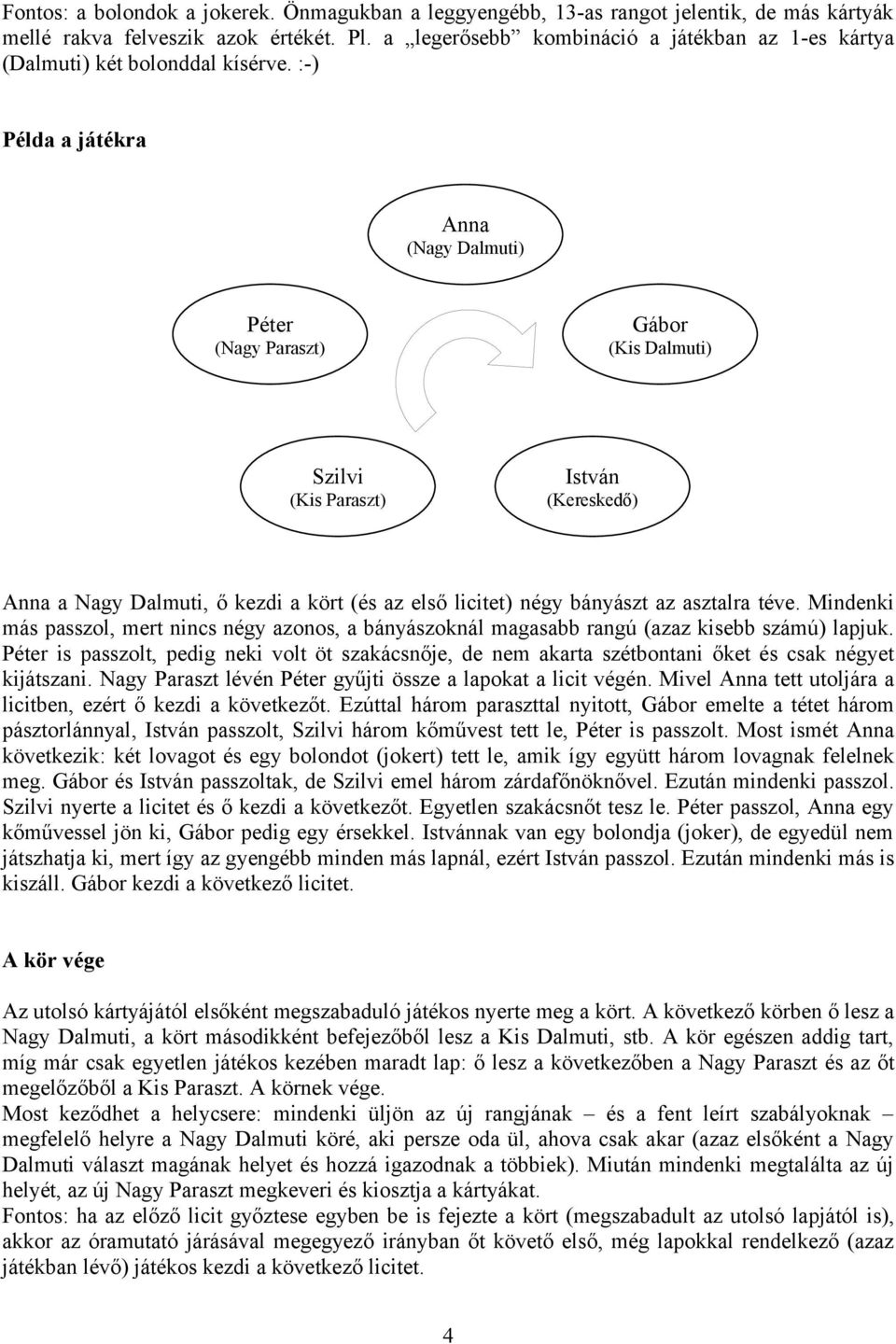 :-) Példa a játékra Anna (Nagy Dalmuti) Péter (Nagy Paraszt) Gábor (Kis Dalmuti) Szilvi (Kis Paraszt) István (Kereskedő) Anna a Nagy Dalmuti, ő kezdi a kört (és az első licitet) négy bányászt az