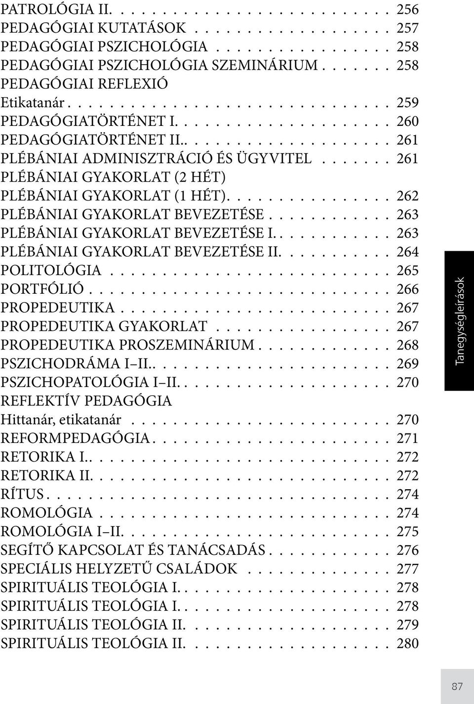 263 PLÉBÁNIAI GYAKORLAT BEVEZETÉSE II. 264 POLITOLÓGIA 265 PORTFÓLIÓ 266 PROPEDEUTIKA 267 PROPEDEUTIKA GYAKORLAT 267 PROPEDEUTIKA PROSZEMINÁRIUM............. 268 PSZICHODRÁMA I II.