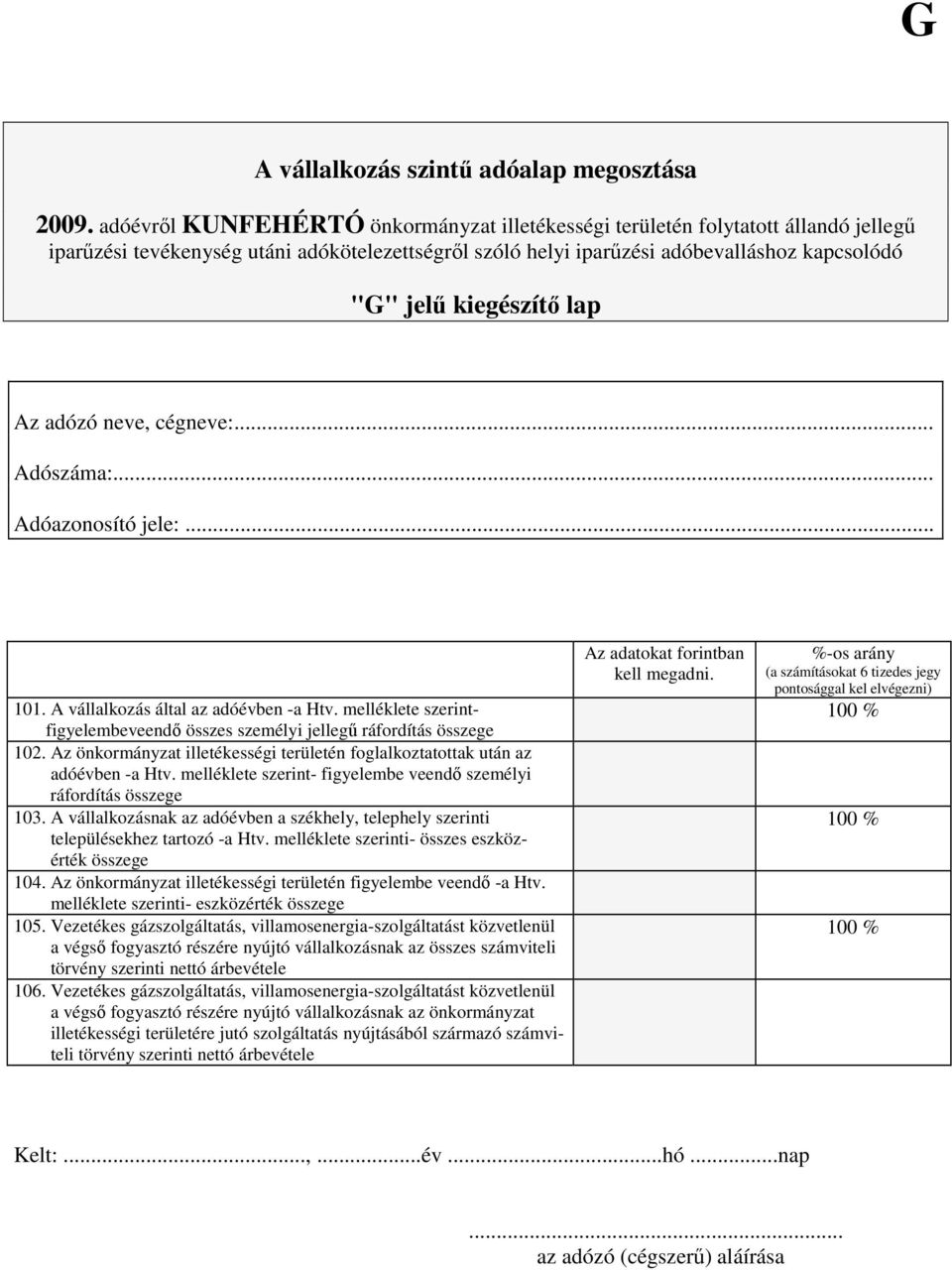 melléklete szerint- figyelembe veendı személyi ráfordítás összege 103. A vállalkozásnak az adóévben a székhely, telephely szerinti településekhez tartozó -a Htv.