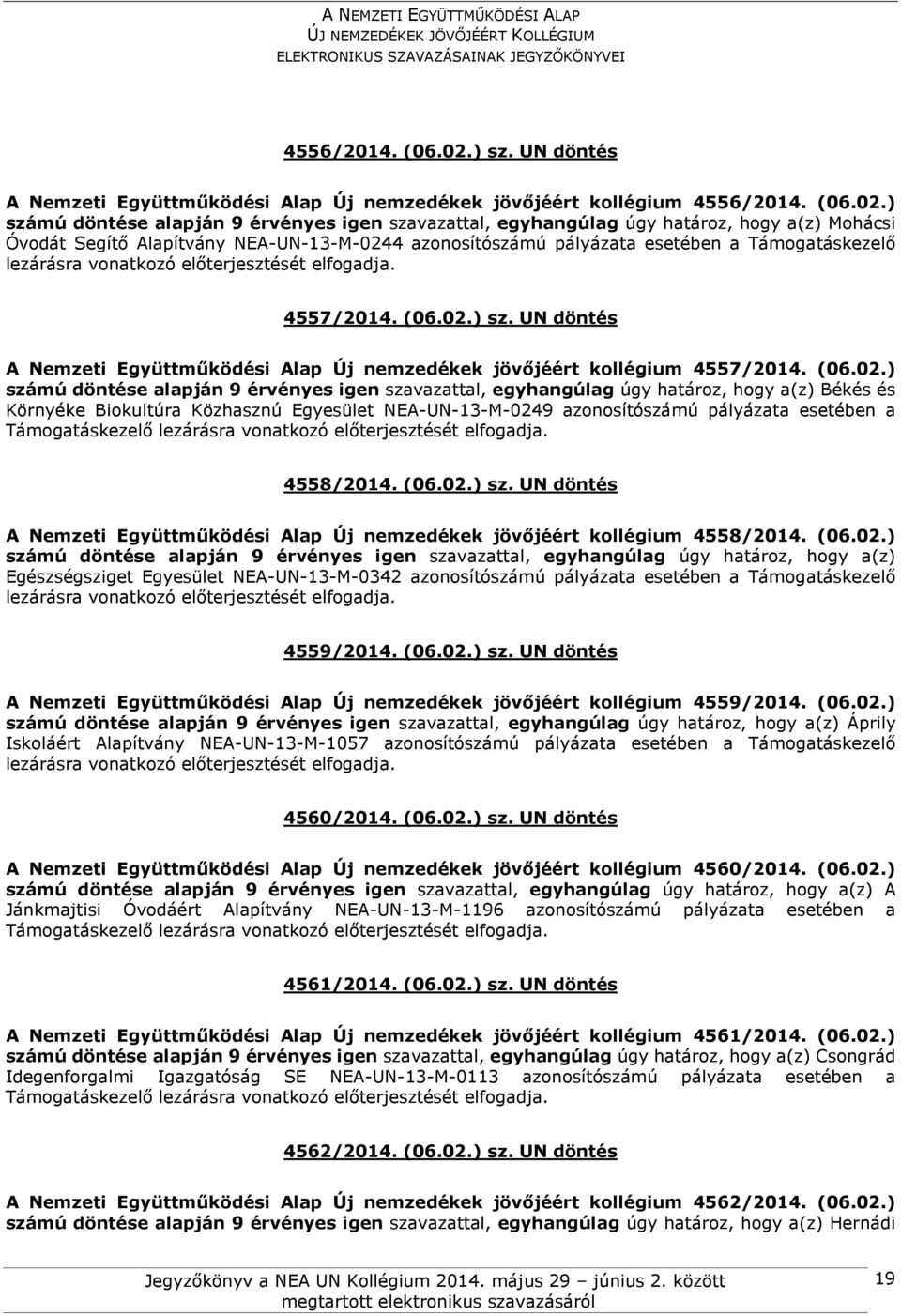 4558/2014. (06.02.) sz. UN döntés A Nemzeti Együttműködési Alap Új nemzedékek jövőjéért kollégium 4558/2014. (06.02.) Egészségsziget Egyesület NEA-UN-13-M-0342 azonosítószámú pályázata esetében a Támogatáskezelő lezárásra vonatkozó előterjesztését elfogadja.