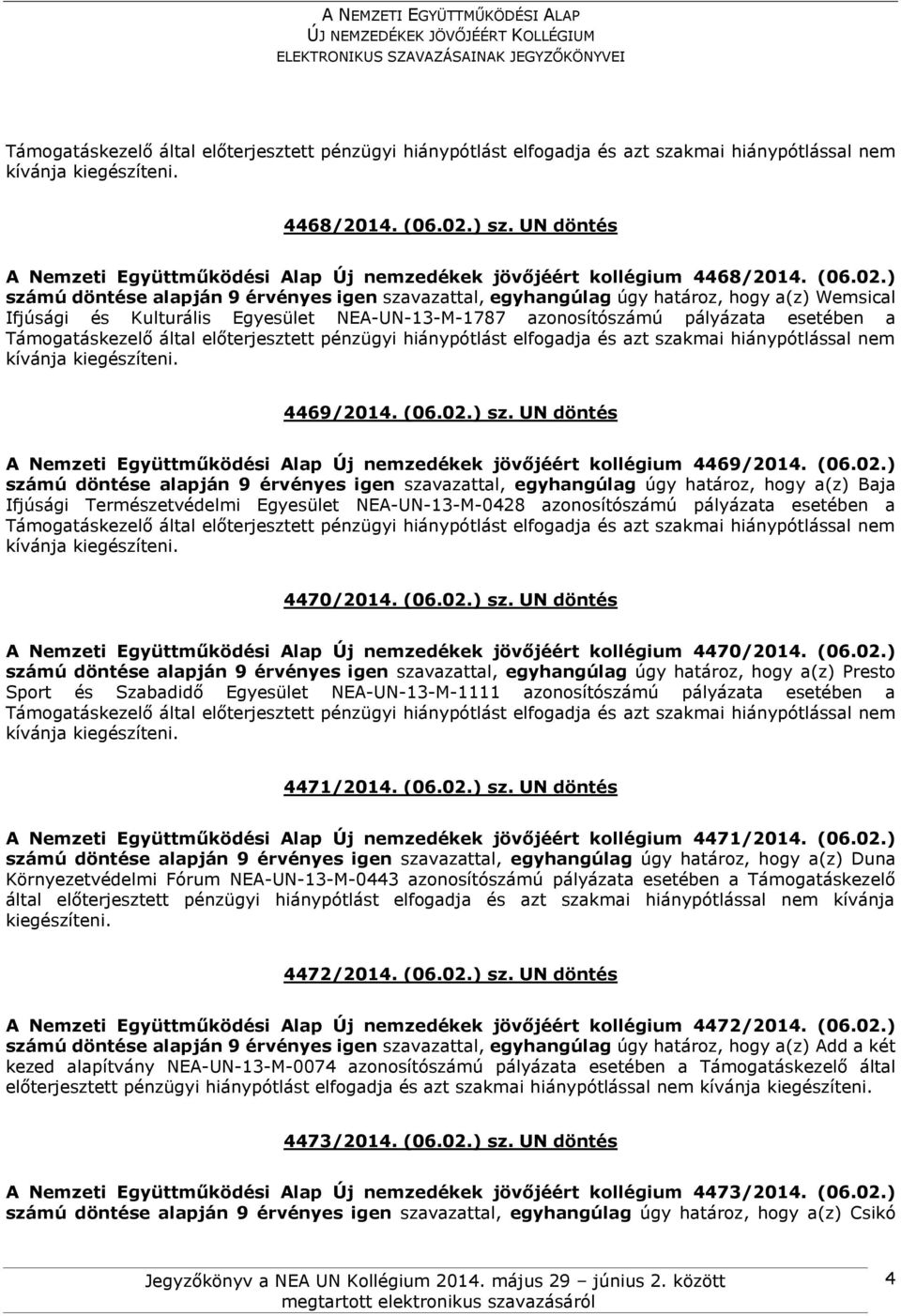 (06.02.) sz. UN döntés A Nemzeti Együttműködési Alap Új nemzedékek jövőjéért kollégium 4470/2014. (06.02.) Presto Sport és Szabadidő Egyesület NEA-UN-13-M-1111 azonosítószámú pályázata esetében a 4471/2014.