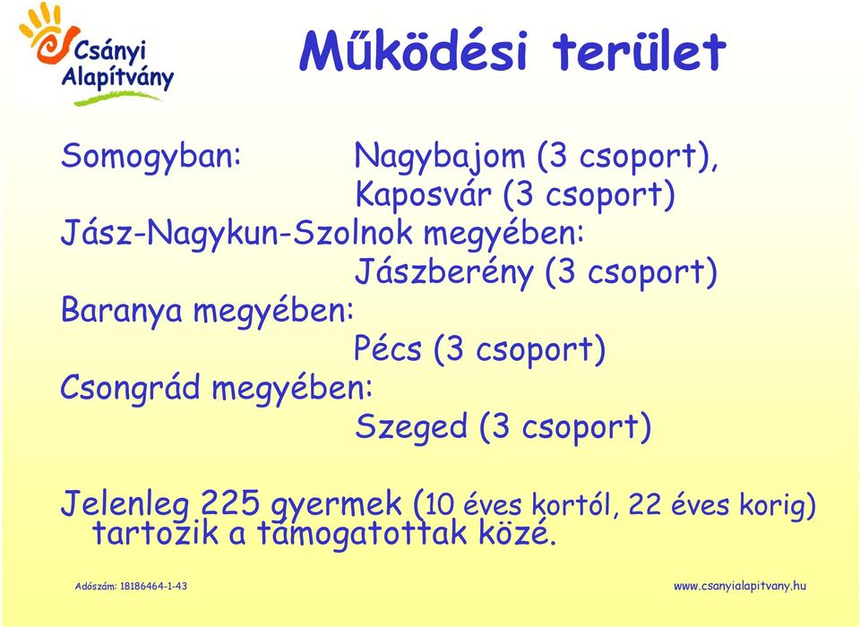 megyében: Pécs (3 csoport) Csongrád megyében: Szeged (3 csoport)