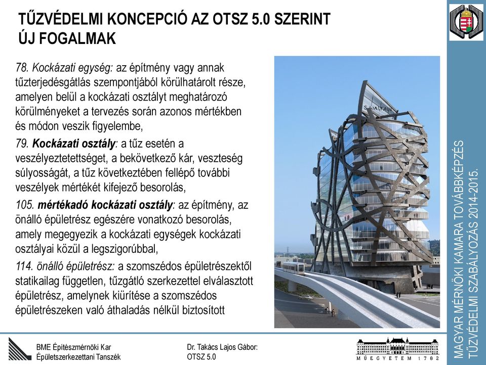 veszik figyelembe, 79. Kockázati osztály: a tűz esetén a veszélyeztetettséget, a bekövetkező kár, veszteség súlyosságát, a tűz következtében fellépő további veszélyek mértékét kifejező besorolás, 105.