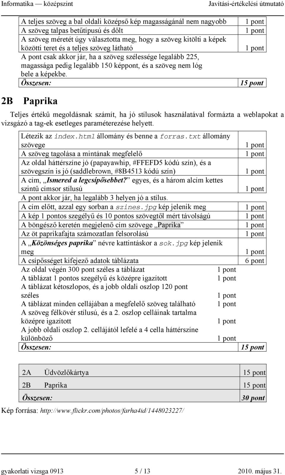 15 pont 2B Paprika Teljes értékű megoldásnak számít, ha jó stílusok használatával formázta a weblapokat a vizsgázó a tag-ek esetleges paraméterezése helyett. Létezik az index.