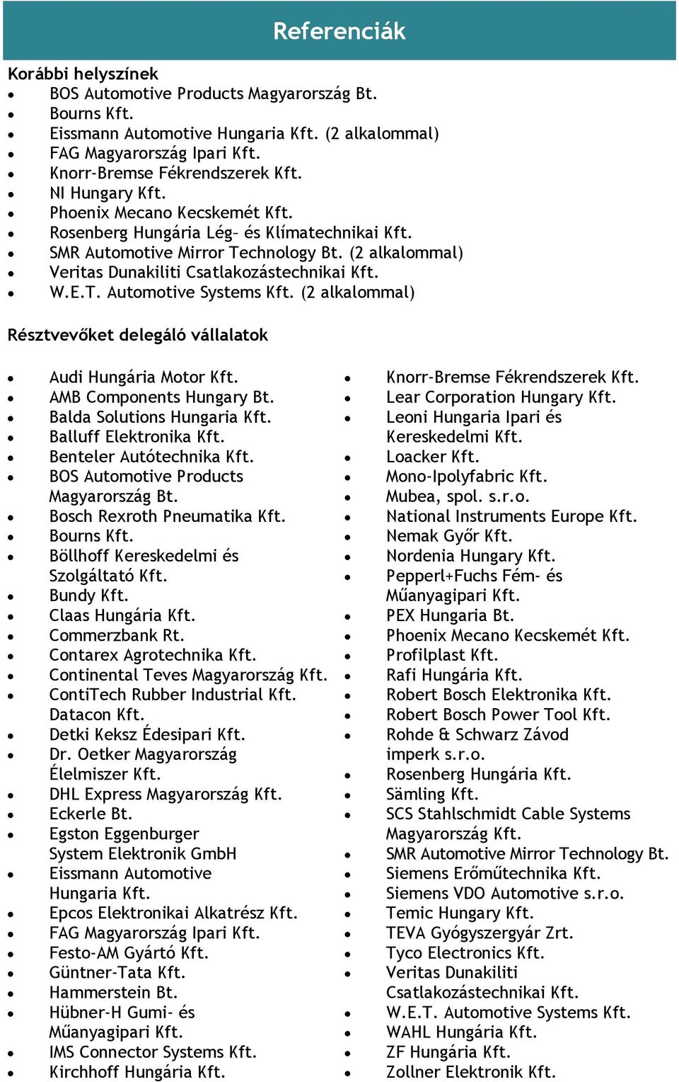 (2 alkalommal) Résztvevőket delegáló vállalatok Audi Hungária Motor Kft. AMB Components Hungary Bt. Balda Solutions Hungaria Kft. Balluff Elektronika Kft. Benteler Autótechnika Kft.