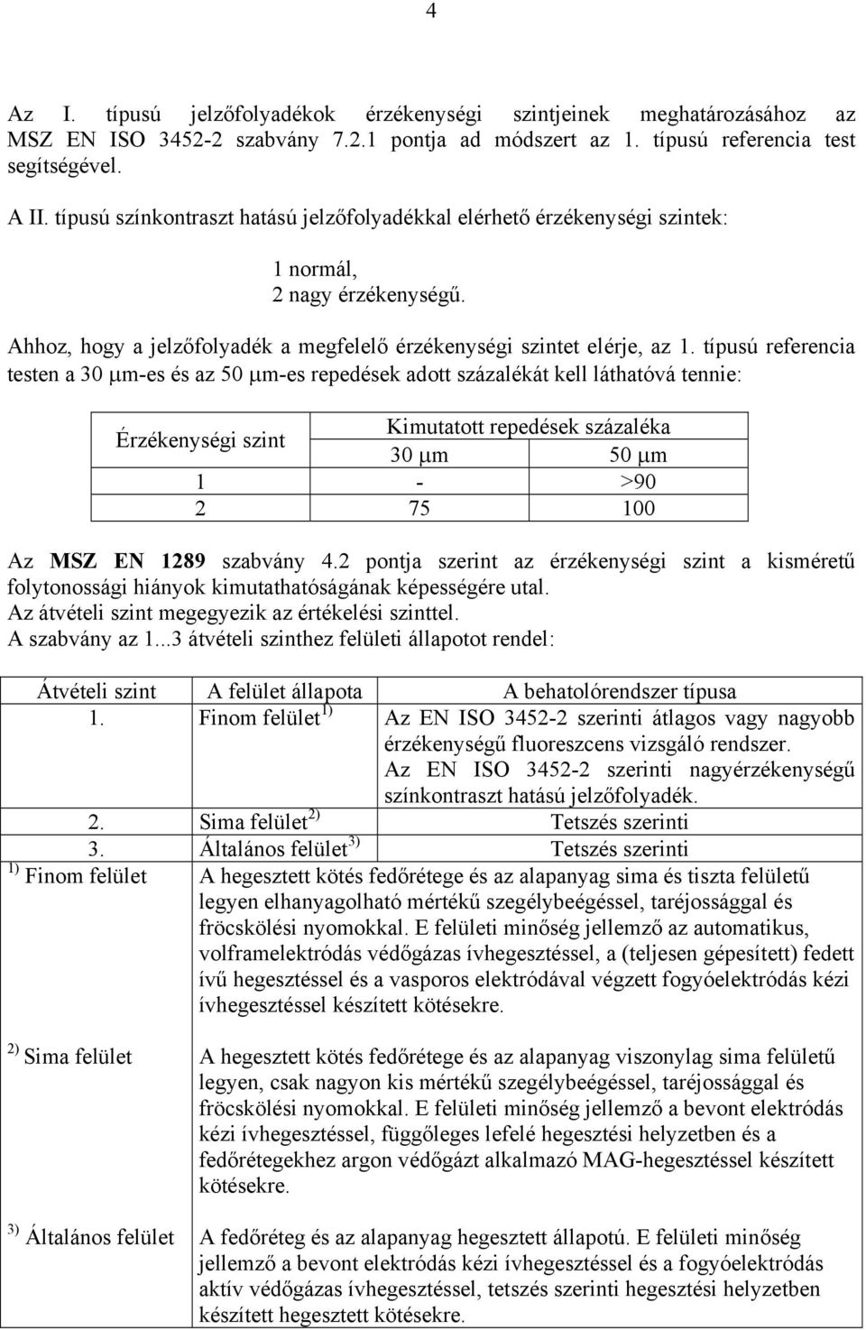 típusú referencia testen a 30 µmes és az 50 µmes repedések adott százalékát kell láthatóvá tennie: Érzékenységi szint Kimutatott repedések százaléka 30 µm 50 µm 1 >90 2 75 100 Az MSZ EN 1289 szabvány