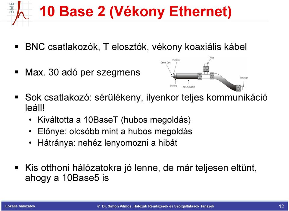 Kiváltotta a 10BaseT (hubos megoldás) Előnye: olcsóbb mint a hubos megoldás Hátránya: