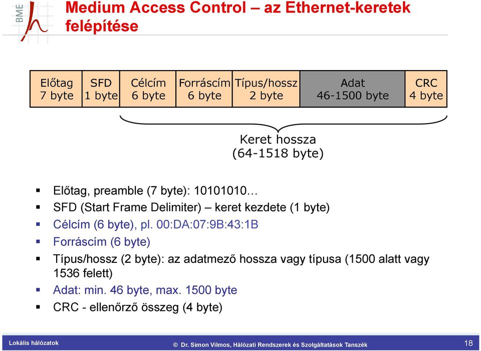 byte), pl. 00:DA:07:9B:43:1B Forráscím (6 byte) Típus/hossz (2 byte): az adatmező hossza vagy típusa (1500 alatt vagy 1536 felett) Adat: min.
