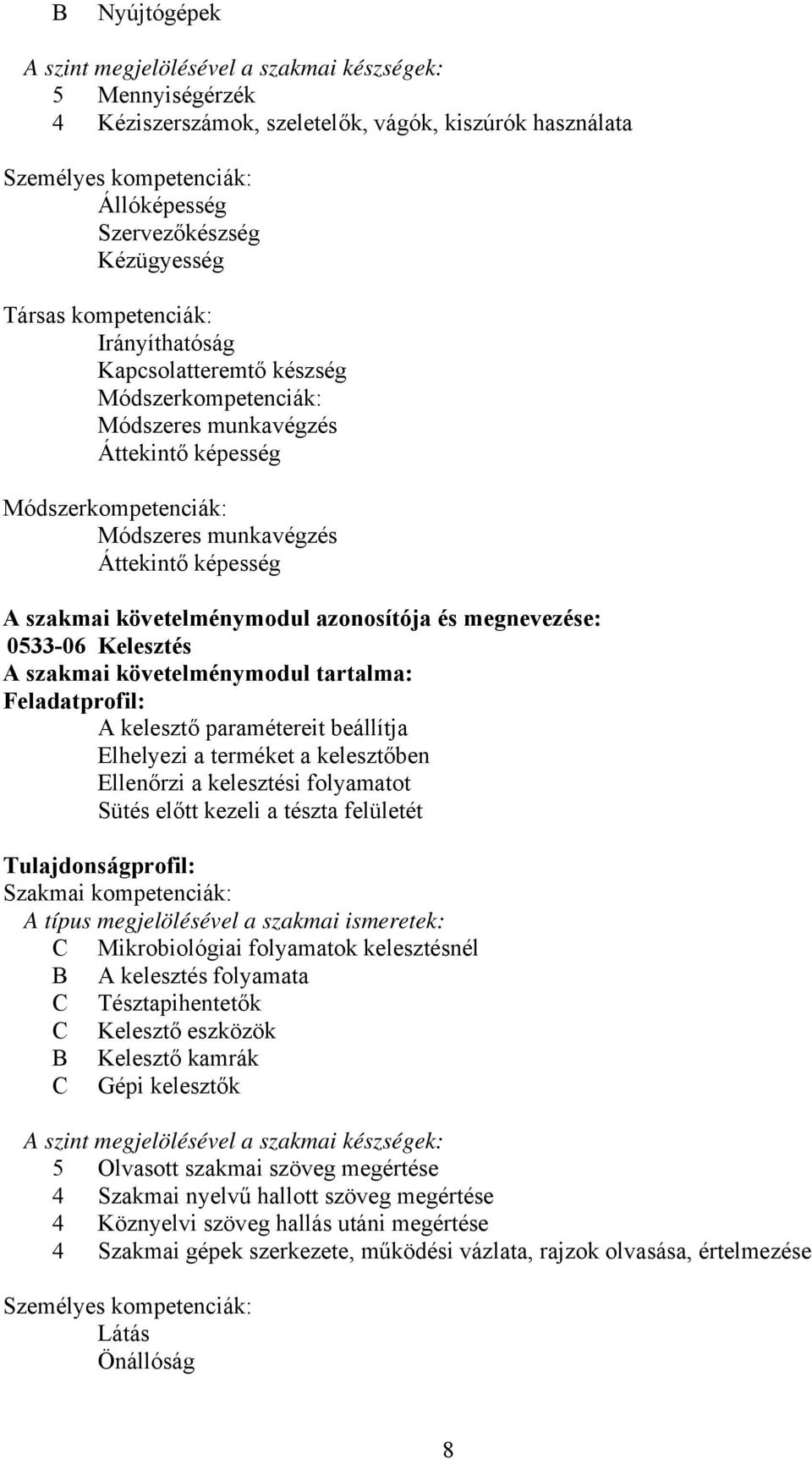 követelménymodul azonosítója és megnevezése: 0533-06 Kelesztés A szakmai követelménymodul tartalma: Feladatprofil: A kelesztő paramétereit beállítja Elhelyezi a terméket a kelesztőben Ellenőrzi a