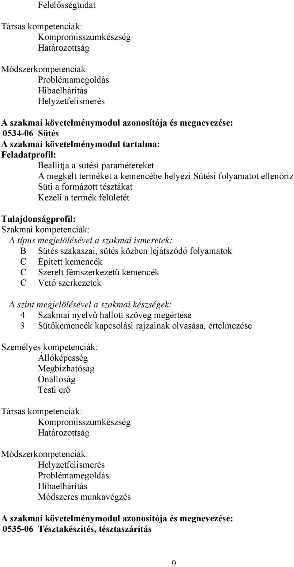 a termék felületét Tulajdonságprofil: Szakmai kompetenciák: A típus megjelölésével a szakmai ismeretek: Sütés szakaszai, sütés közben lejátszódó folyamatok Épített kemencék Szerelt fémszerkezetű