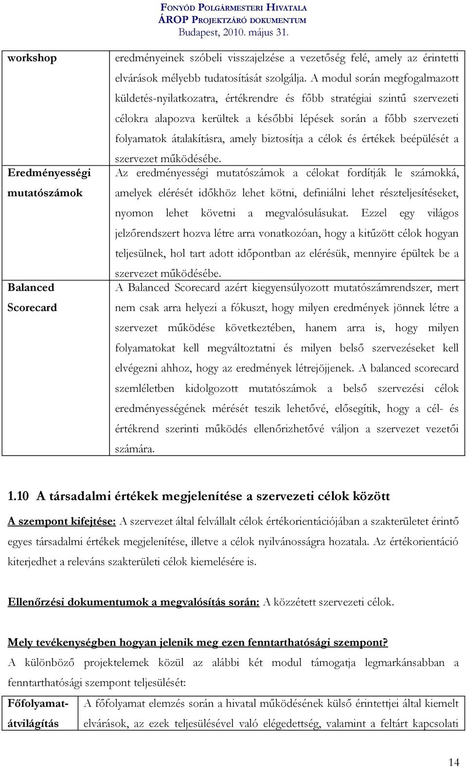 amely biztosítja a célok és értékek beépülését a szervezet működésébe.