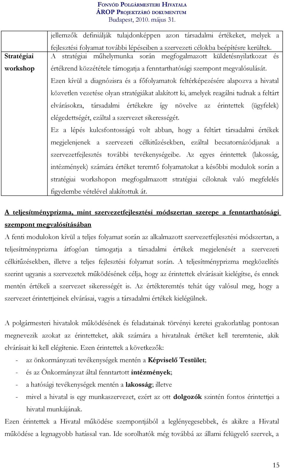 Ezen kívül a diagnózisra és a főfolyamatok feltérképezésére alapozva a hivatal közvetlen vezetése olyan stratégiákat alakított ki, amelyek reagálni tudnak a feltárt elvárásokra, társadalmi értékekre
