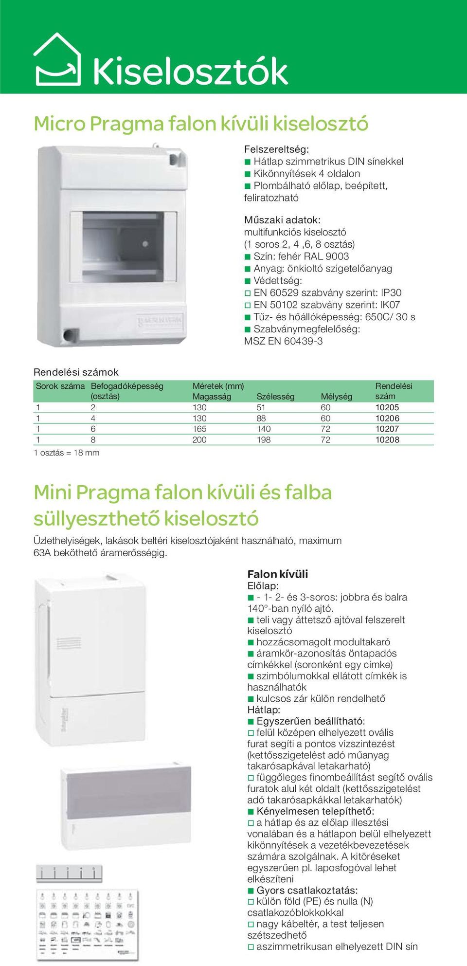 s b Szabványmegfelelőség: MSZ EN 60439-3 Sorok száma Befogadóképesség Méretek (mm) Rendelési (osztás) Magasság Szélesség Mélység szám 1 2 130 51 60 10205 1 4 130 88 60 10206 1 6 165 140 72 10207 1 8