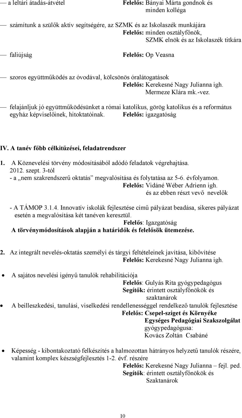 felajánljuk jó együttműködésünket a római katolikus, görög katolikus és a református egyház képviselőinek, hitoktatóinak. Felelős: igazgatóság IV. A tanév főbb célkitűzései, feladatrendszer 1.