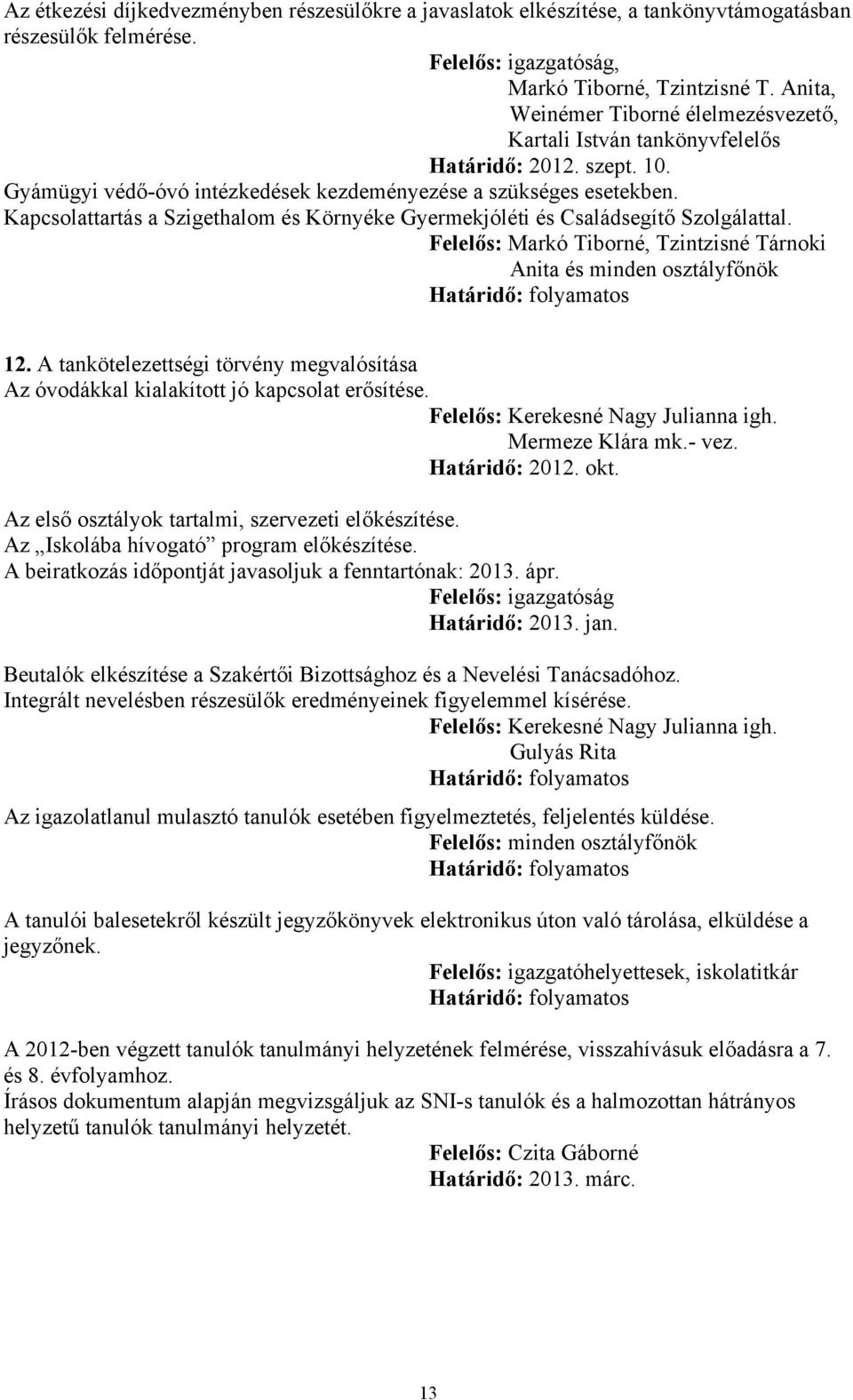 Kapcsolattartás a Szigethalom és Környéke Gyermekjóléti és Családsegítő Szolgálattal. Felelős: Markó Tiborné, Tzintzisné Tárnoki Anita és minden osztályfőnök Határidő: folyamatos 12.