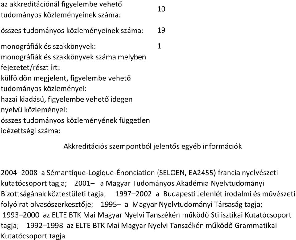 Akkreditációs szempontból jelentős egyéb információk 2004 2008 a Sémantique-Logique-Énonciation (SELOEN, EA2455) francia nyelvészeti kutatócsoport tagja; 2001 a Magyar Tudományos Akadémia