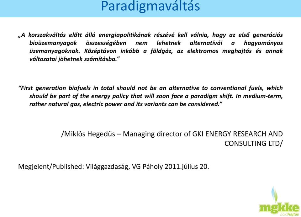 First generation biofuels in total should not be an alternative to conventional fuels, which should be part of the energy policy that will soon face a paradigm shift.