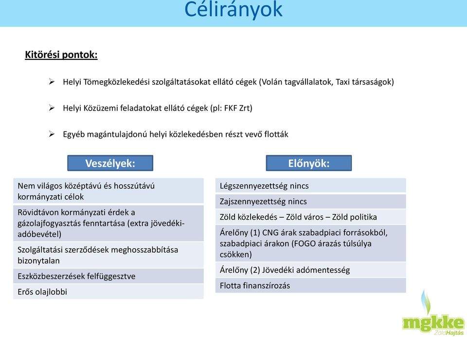 jövedékiadóbevétel) Szolgáltatási szerződések meghosszabbítása bizonytalan Eszközbeszerzések felfüggesztve Erős olajlobbi Veszélyek: Légszennyezettség nincs Zajszennyezettség nincs