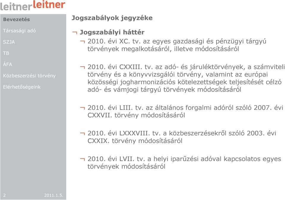 adó- és vámjogi tárgyú törvények módosításáról 2010. évi LIII. tv. az általános forgalmi adóról szóló 2007. évi CXXVII. törvény módosításáról 2010. évi LXXXVIII. tv. a közbeszerzésekrıl szóló 2003.