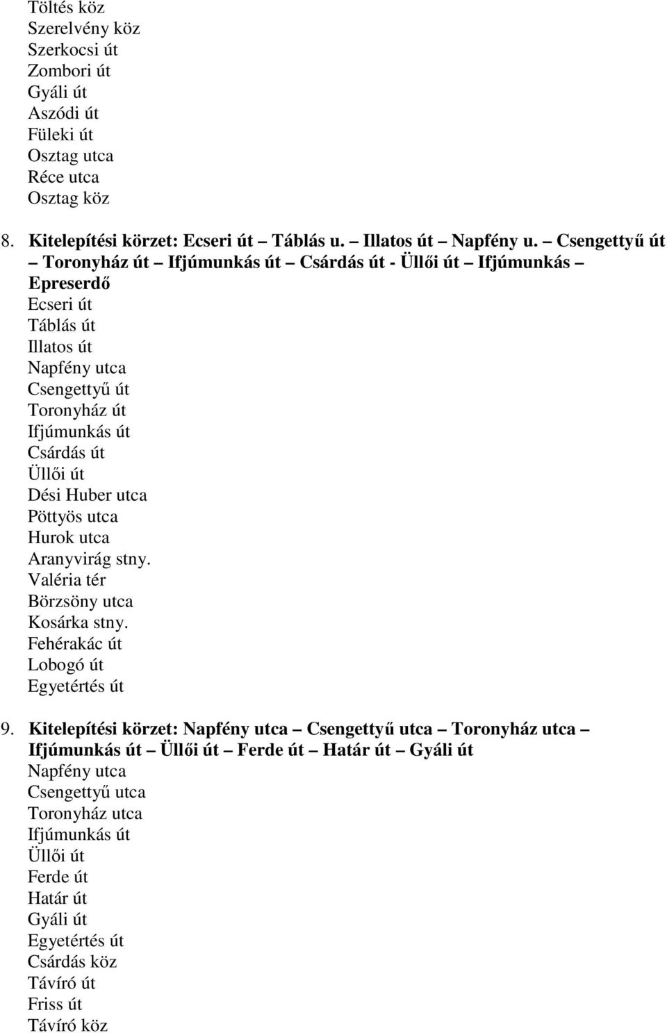 utca Pöttyös utca Hurok utca Aranyvirág stny. Valéria tér Börzsöny utca Kosárka stny. Fehérakác út Lobogó út Egyetértés út 9.