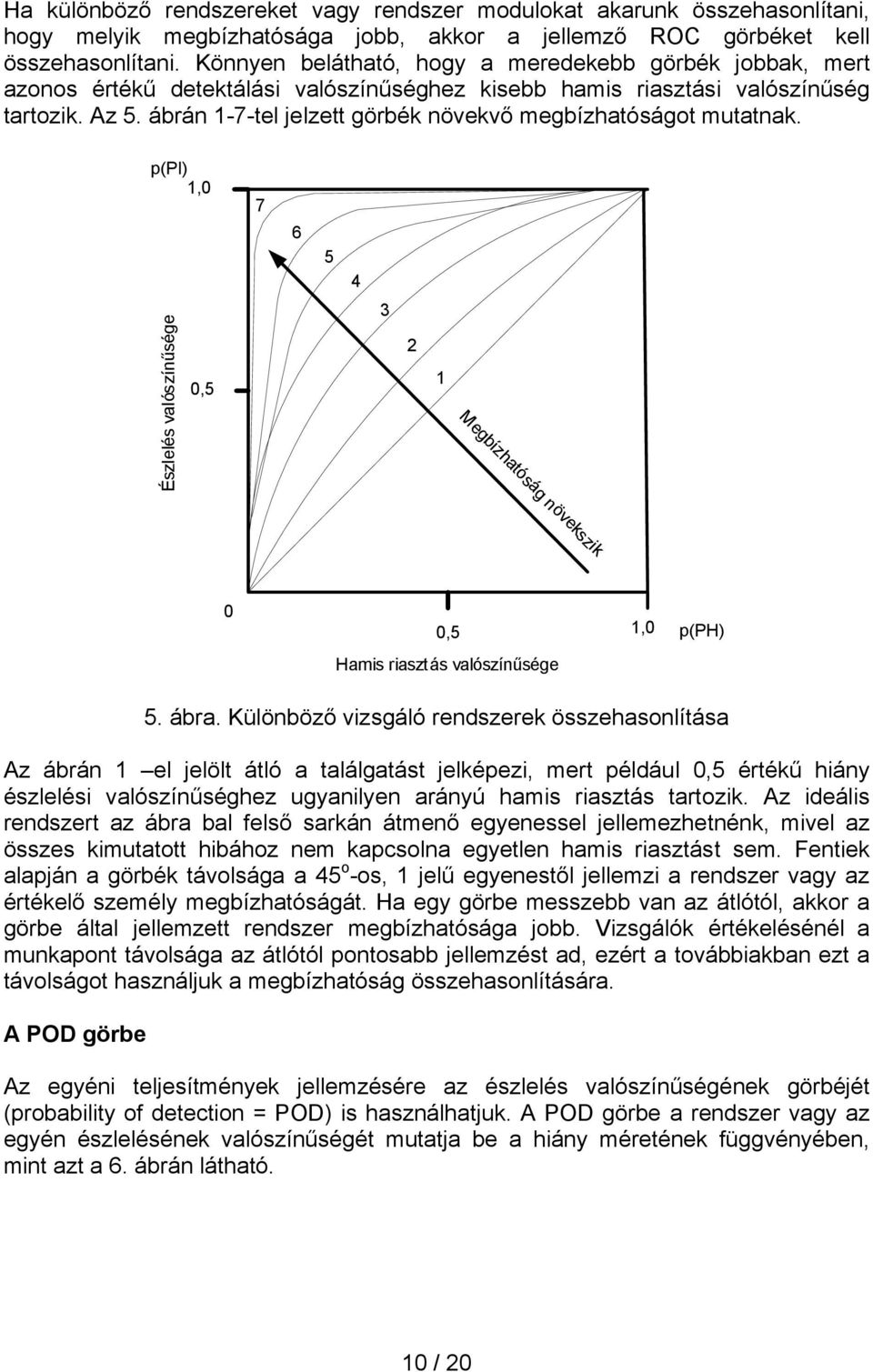 ábrán 1-7-tel jelzett görbék növekvő megbízhatóságot mutatnak. p(pi) 1,0 7 6 5 4 Észlelés valószínűsége 0,5 3 2 1 Megbízhatóság növekszik 0 0,5 1,0 p(ph) Hamis riasztás valószínűsége 5. ábra.