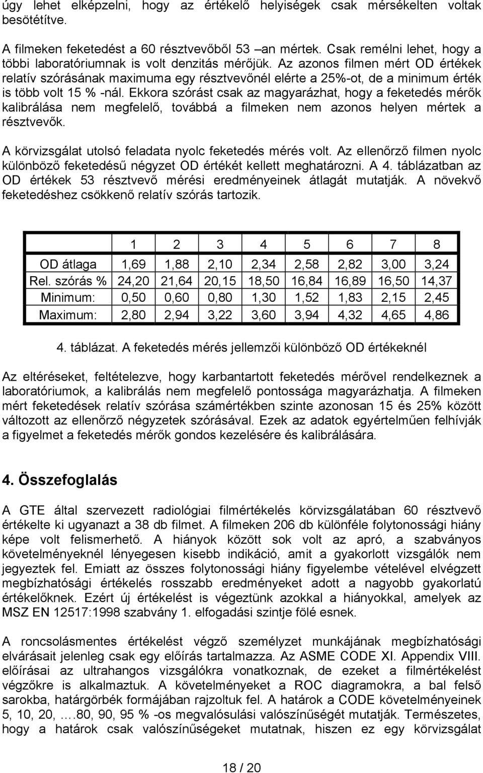Az azonos filmen mért OD értékek relatív szórásának maximuma egy résztvevőnél elérte a 25%-ot, de a minimum érték is több volt 15 % -nál.