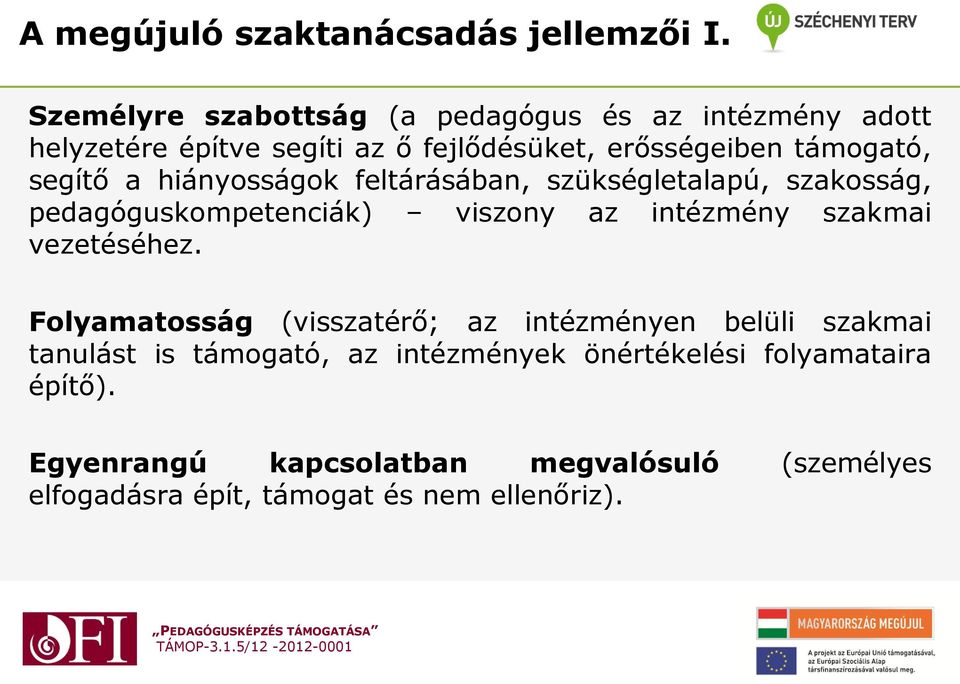 segítő a hiányosságok feltárásában, szükségletalapú, szakosság, pedagóguskompetenciák) viszony az intézmény szakmai vezetéséhez.