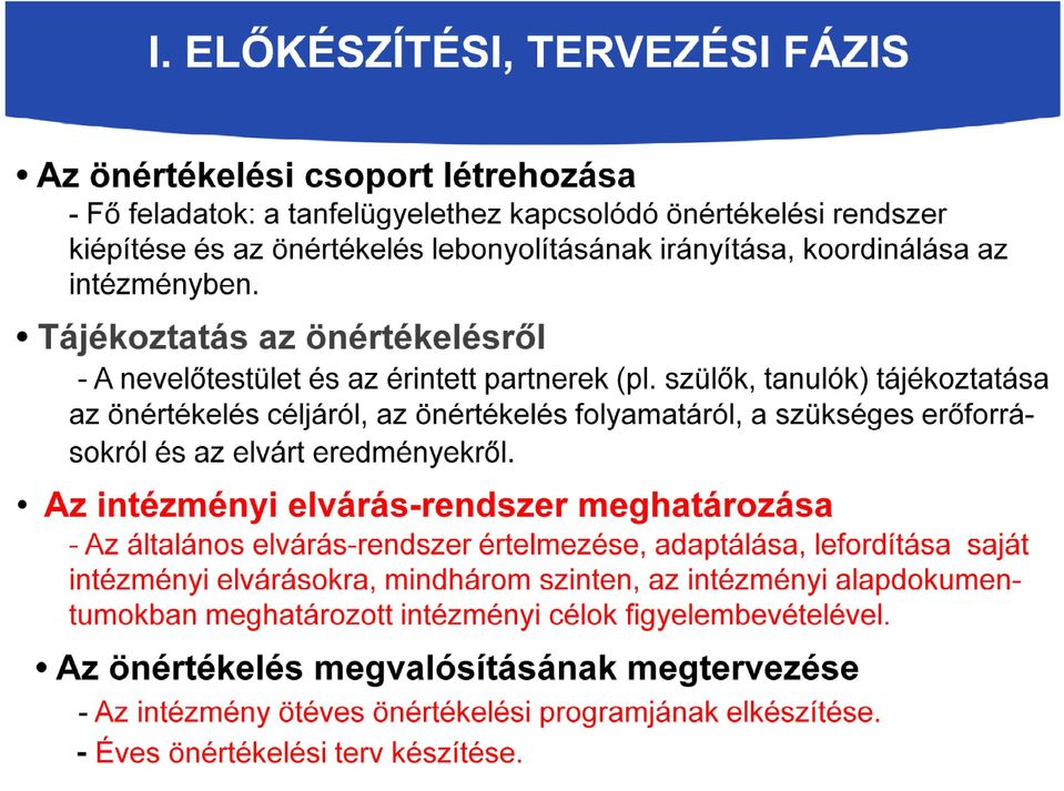 szülők, tanulók) tájékoztatása az önértékelés céljáról, az önértékelés folyamatáról, a szükséges erőforrásokról és az elvárt eredményekről.