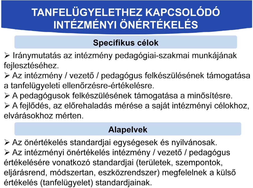 A fejlődés, az előrehaladás mérése a saját intézményi célokhoz, elvárásokhoz mérten. Alapelvek Az önértékelés standardjai egységesek és nyilvánosak.