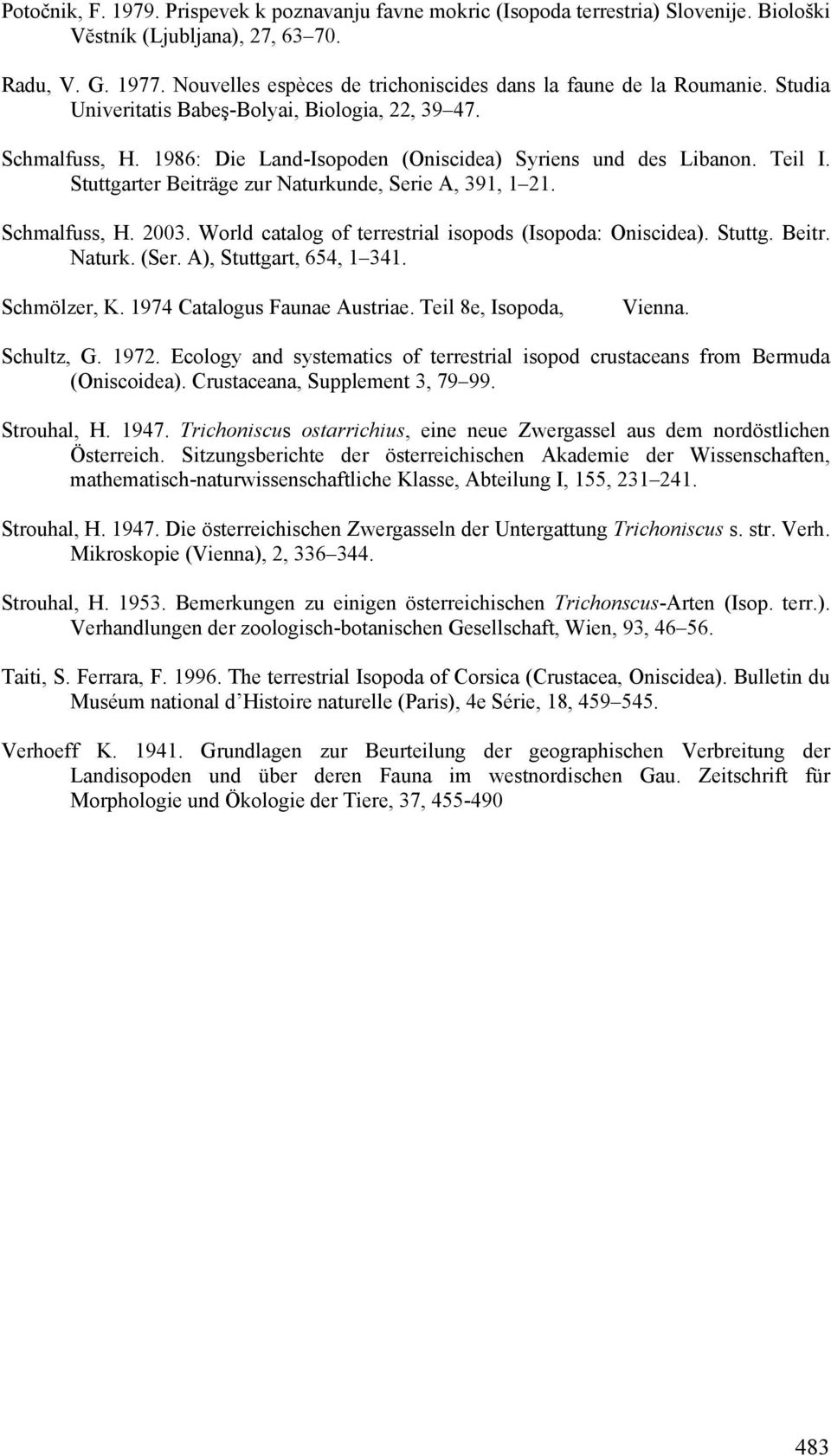 Teil I. Stuttgarter Beiträge zur Naturkunde, Serie A, 391, 1 21. Schmalfuss, H. 2003. World catalog of terrestrial isopods (Isopoda: Oniscidea). Stuttg. Beitr. Naturk. (Ser. A), Stuttgart, 654, 1 341.