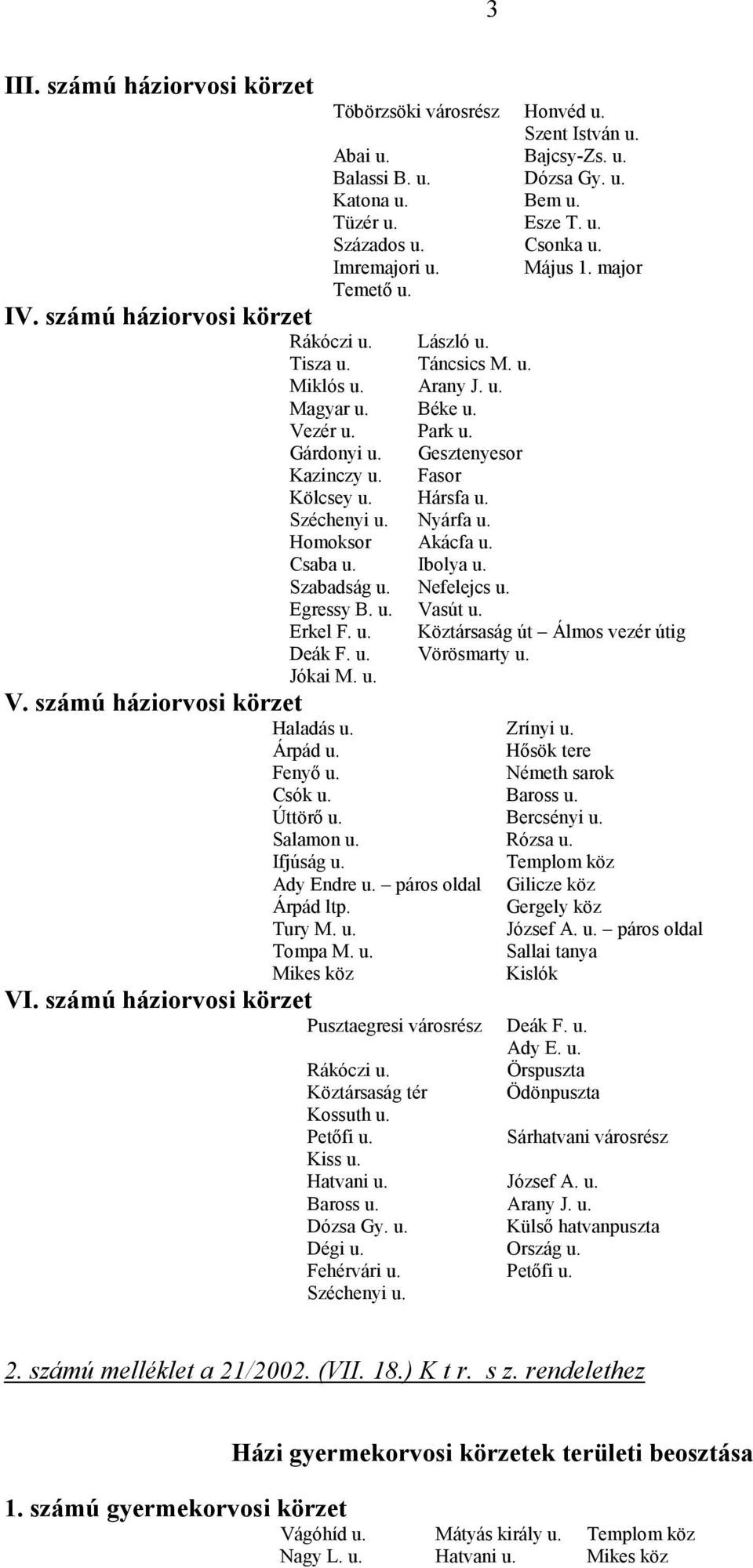 Fasor Kölcsey u. Hársfa u. Széchenyi u. Nyárfa u. Homoksor Akácfa u. Csaba u. Ibolya u. Szabadság u. Nefelejcs u. Egressy B. u. Vasút u. Erkel F. u. Deák F. u. Vörösmarty u. Jókai M. u. V. számú háziorvosi körzet Köztársaság út Álmos vezér útig Haladás u.