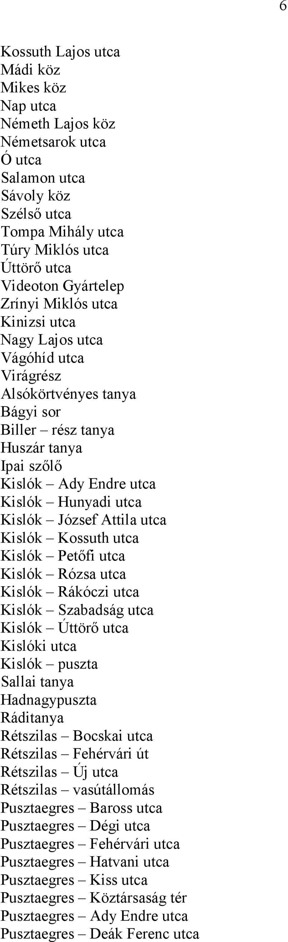 utca Kislók Kossuth utca Kislók Petőfi utca Kislók Rózsa utca Kislók Rákóczi utca Kislók Szabadság utca Kislók Úttörő utca Kislóki utca Kislók puszta Sallai tanya Hadnagypuszta Ráditanya Rétszilas