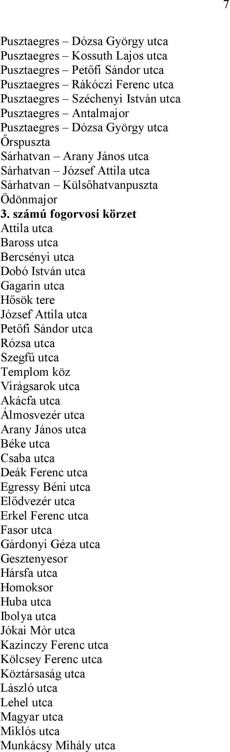 számú fogorvosi körzet Attila utca Baross utca Bercsényi utca Dobó István utca Gagarin utca Hősök tere József Attila utca Petőfi Sándor utca Rózsa utca Szegfű utca Templom köz Virágsarok utca Akácfa