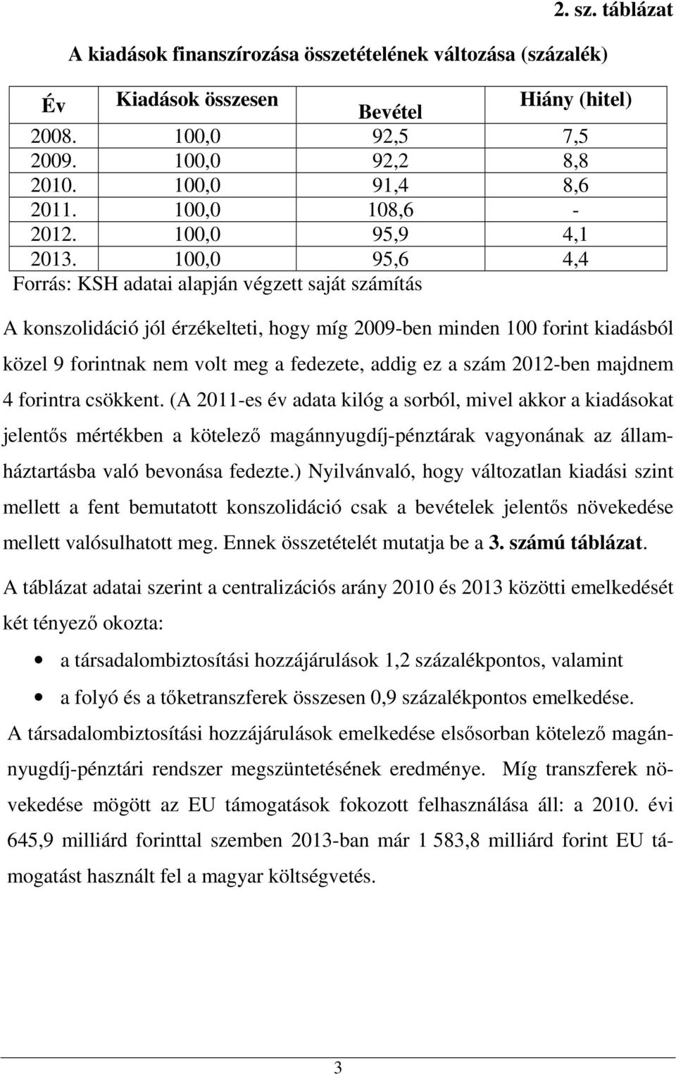 100,0 95,6 4,4 Forrás: KSH adatai alapján végzett saját számítás A konszolidáció jól érzékelteti, hogy míg 2009-ben minden 100 forint kiadásból közel 9 forintnak nem volt meg a fedezete, addig ez a