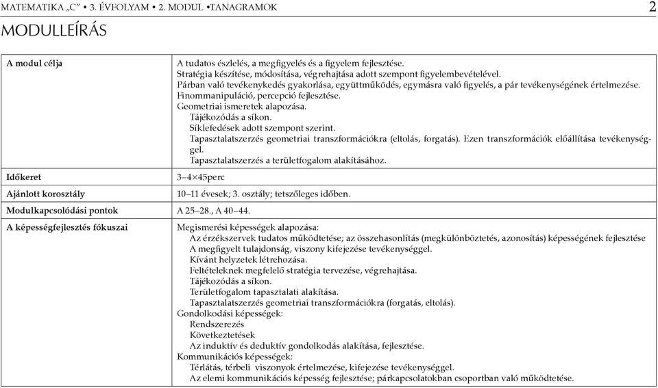 Finommanipuláció, percepció fejlesztése. Geometriai ismeretek alapozása. Tájékozódás a síkon. Síklefedések adott szempont szerint. Tapasztalatszerzés geometriai transzformációkra (eltolás, forgatás).