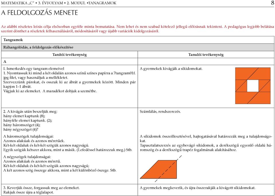 Tangramok Ráhangolódás, a feldolgozás előkészítése A Tanítói tevékenység I. Ismerkedés egy tangram elemeivel 1. Nyomtassuk ki mind a két oldalán azonos színű színes papírra a 7tangram01f.