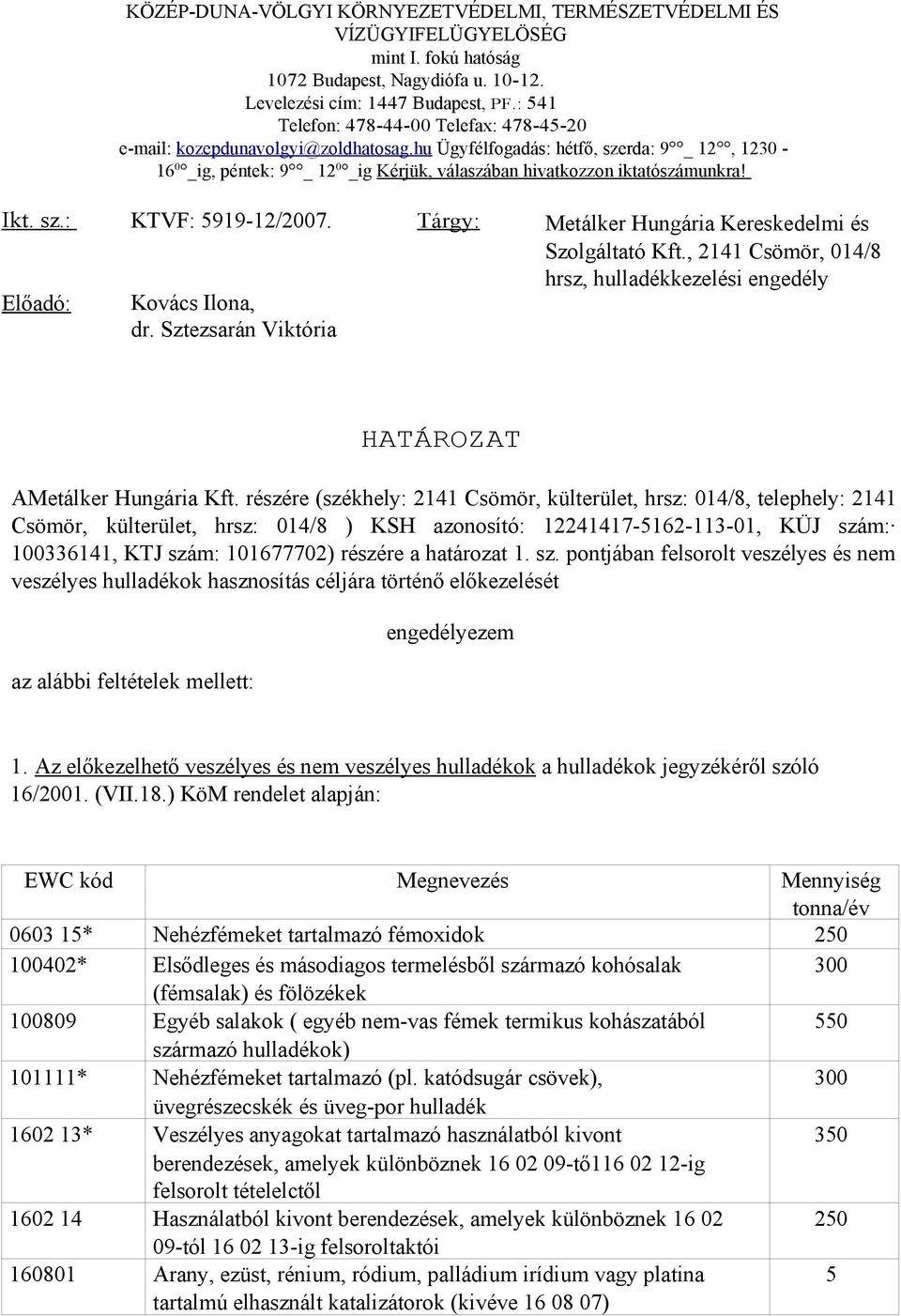 hu Ügyfélfogadás: hétfő, szerda: 9 _ 12, 1230-16 0 _ig, péntek: 9 _ 12 0 _ig Kérjük, válaszában hivatkozzon iktatószámunkra! Ikt. sz.: Előadó: KTVF: 5919-12/2007. Kovács Ilona, dr.