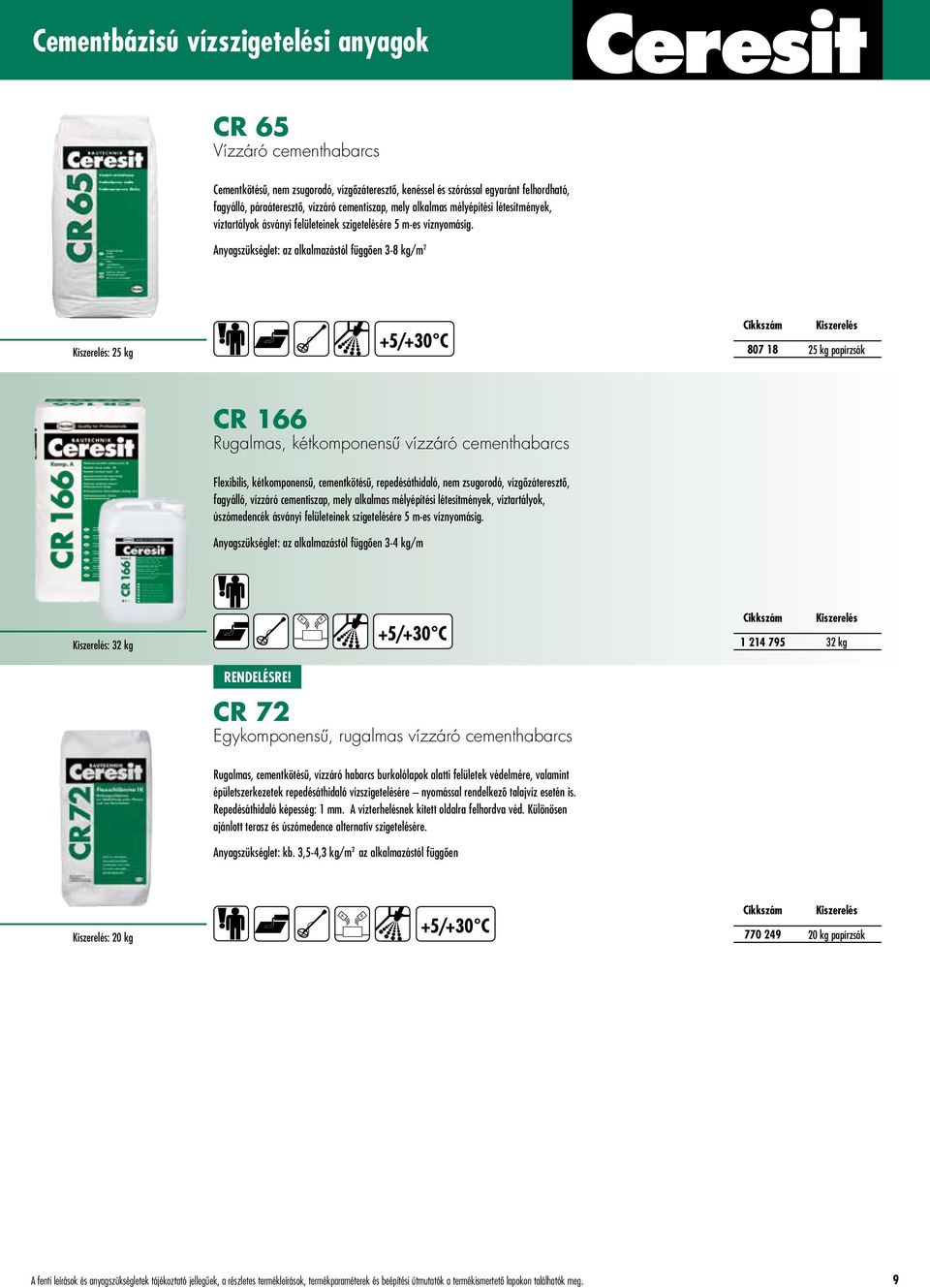 Anyagszükséglet: az alkalmazástól függôen 3-8 kg/m 2 : 25 kg 807 18 25 kg papírzsák CR 166 Rugalmas, kétkomponensû vízzáró cementhabarcs Flexibilis, kétkomponensû, cementkötésû, repedésáthidaló, nem