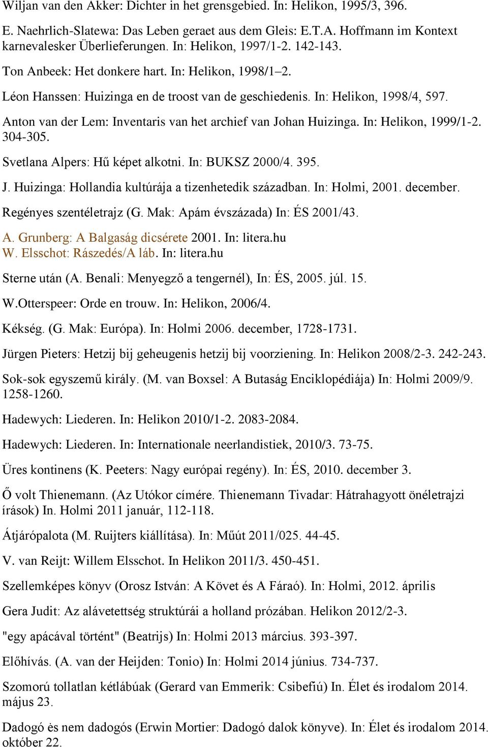 Anton van der Lem: Inventaris van het archief van Johan Huizinga. In: Helikon, 1999/1-2. 304-305. Svetlana Alpers: Hű képet alkotni. In: BUKSZ 2000/4. 395. J. Huizinga: Hollandia kultúrája a tizenhetedik században.