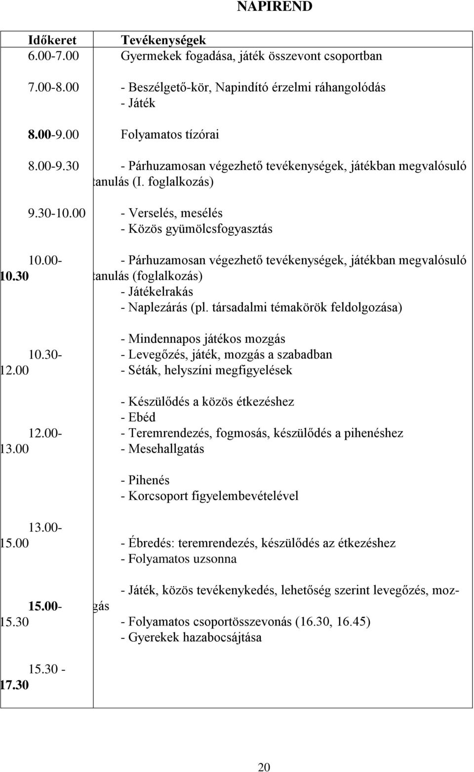 megvalósuló tanulás (I. foglalkozás) - Verselés, mesélés - Közös gyümölcsfogyasztás - Párhuzamosan végezhető tevékenységek, játékban megvalósuló tanulás (foglalkozás) - Játékelrakás - Naplezárás (pl.