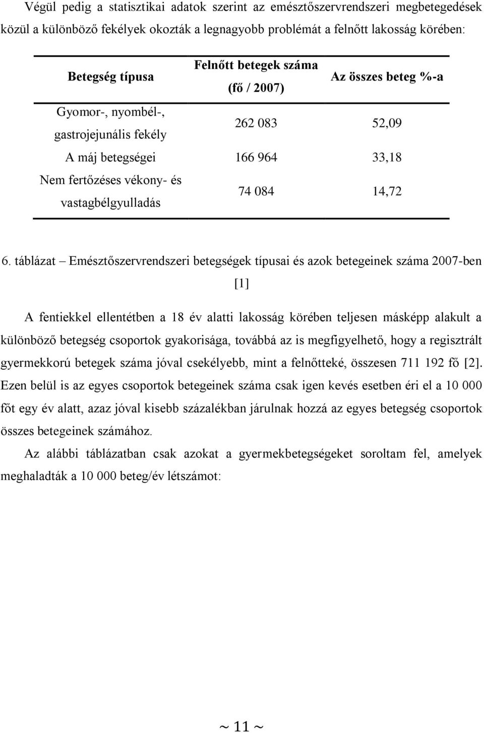 táblázat Emésztőszervrendszeri betegségek típusai és azok betegeinek száma 2007-ben [1] A fentiekkel ellentétben a 18 év alatti lakosság körében teljesen másképp alakult a különböző betegség