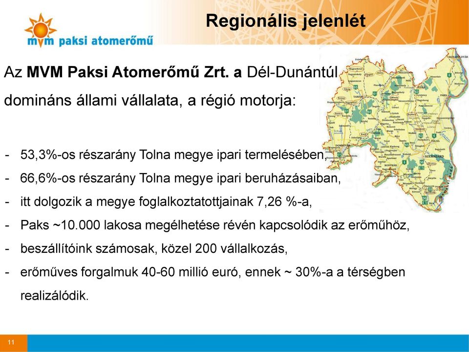 66,6%-os részarány Tolna megye ipari beruházásaiban, - itt dolgozik a megye foglalkoztatottjainak 7,26 %-a, - Paks