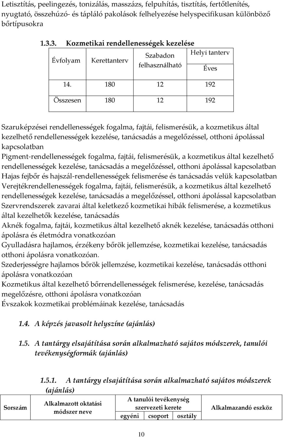 180 12 192 Összesen 180 12 192 Szaruképzései rendellenességek fogalma, fajt{i, felismerésük, a kozmetikus {ltal kezelhető rendellenességek kezelése, tan{csad{s a megelőzéssel, otthoni {pol{ssal