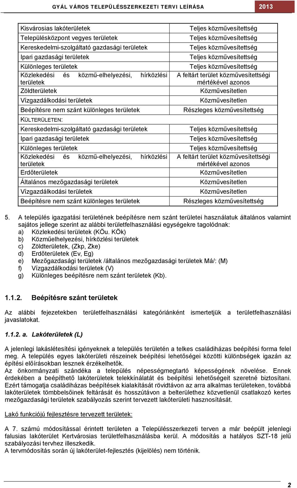 közmű-elhelyezési, hírközlési területek Erdőterületek Általános mezőgazdasági területek Vízgazdálkodási területek Beépítésre nem szánt különleges területek A feltárt terület közművesítettségi