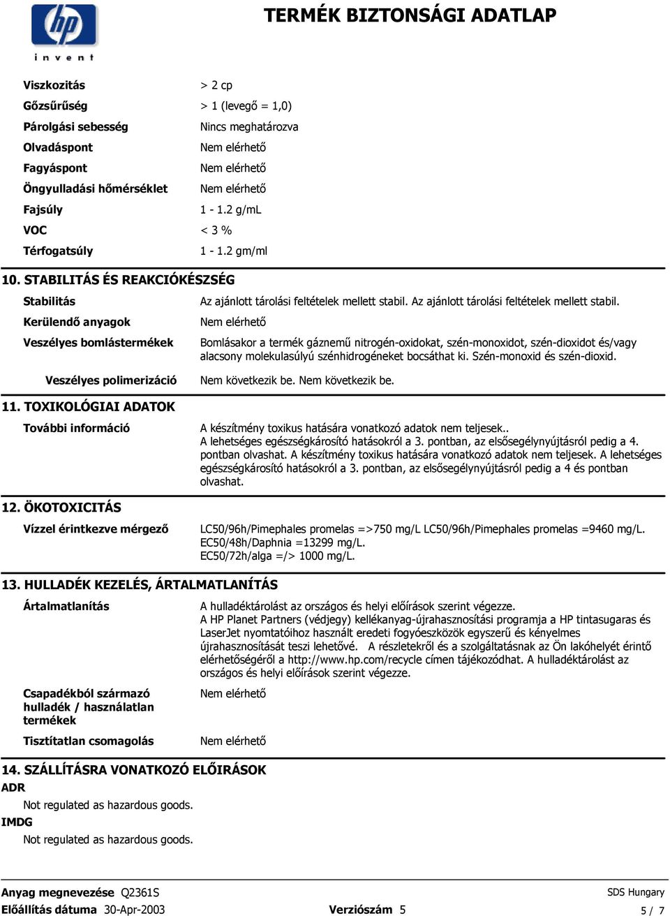 stabil Bomlásakor a termék gáznemő nitrogén-oxidokat, szén-monoxidot, szén-dioxidot és/vagy alacsony molekulasúlyú szénhidrogéneket bocsáthat ki Szén-monoxid és szén-dioxid Nem következik be Nem