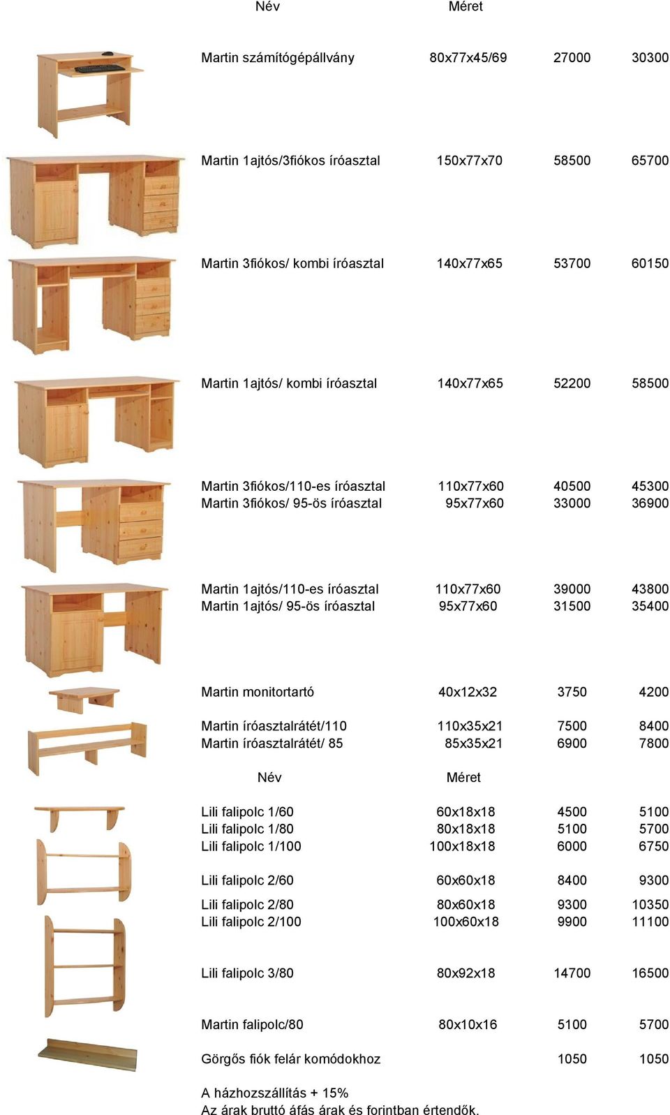 íróasztal 95x77x60 31500 35400 Martin monitortartó 40x12x32 3750 4200 Martin íróasztalrátét/110 110x35x21 7500 8400 Martin íróasztalrátét/ 85 85x35x21 6900 7800 Lili falipolc 1/60 60x18x18 4500 5100