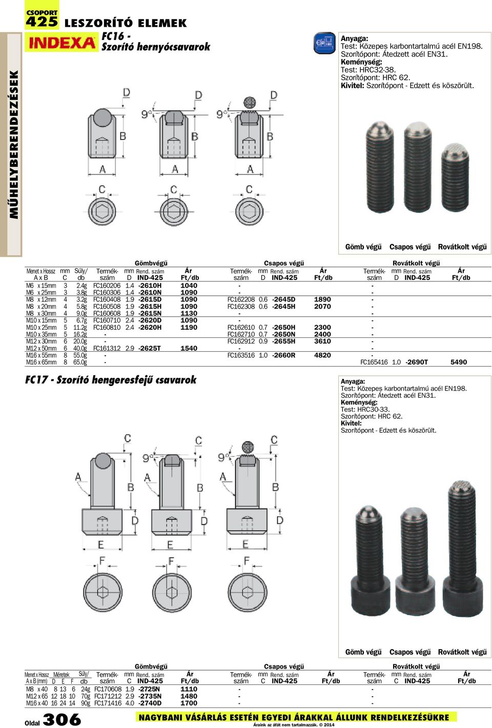 Gömb végû Csapos végû Rovátkolt végû Gömbvégû Csapos végû Rovátkolt végû Menet x Hossz mm Termék- mm Termék- mm Termék- mm A x B C szám D IND-425 szám D IND-425 szám D IND-425 M6 x 15mm 3 2.