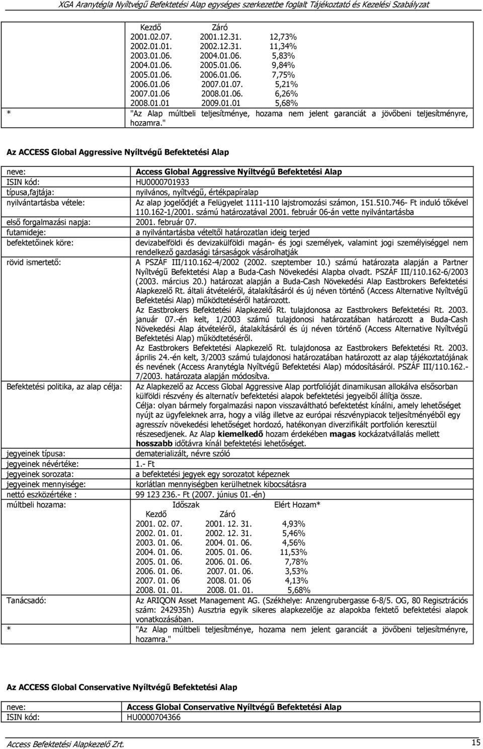 " Az ACCESS Global Aggressive Nyíltvégű Befektetési Alap neve: Access Global Aggressive Nyíltvégű Befektetési Alap ISIN kód: HU0000701933 típusa,fajtája: nyilvános, nyíltvégű, értékpapíralap
